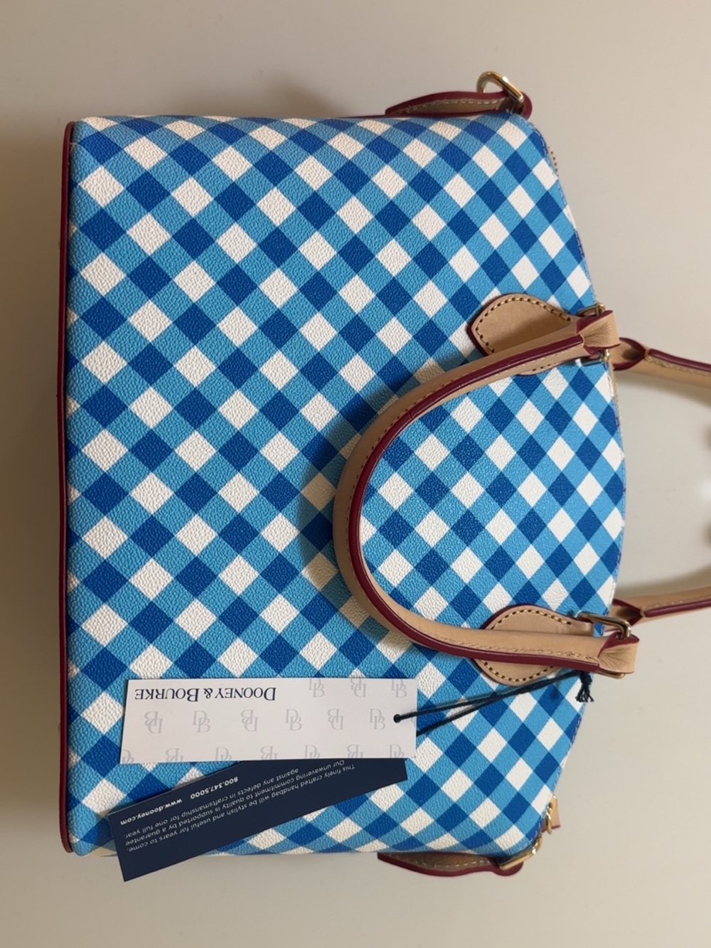 NWT Dooney & Bourke Blue Gingham Satchel with Tan Trim and Red-Edged Strap - Picture 6 of 10
